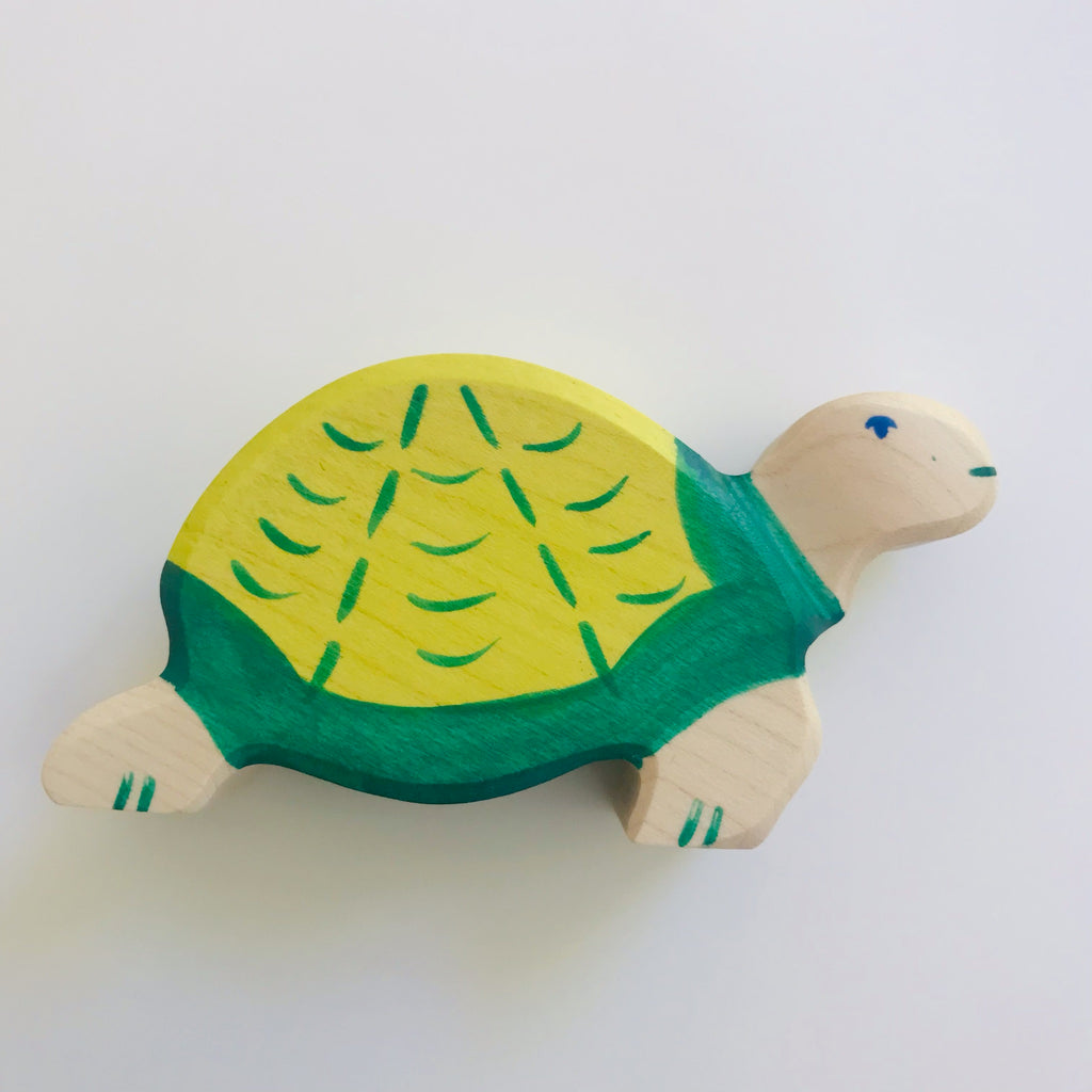 hand made wood toy, turtle painted green and yellow